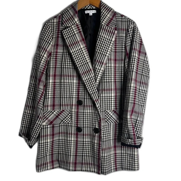 Ophelia Roe Black Red White Plaid Double Breasted Blazer Jacket Size Large - Picture 1 of 11